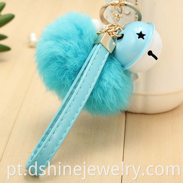 Rabbit Fur Ball Charm Keychain With Bell Pendant